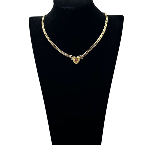 Womens Necklace Red Crystal Heart Gold Plated Choker Elegant Classic Design - Picture 3 of 3